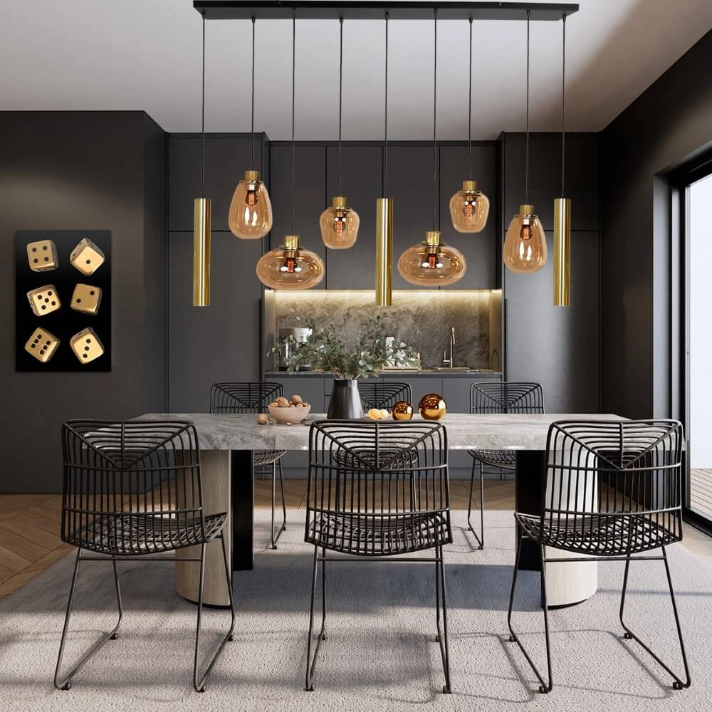 Eettafel hanglamp Reflexion goud met amberglas Steinhauer 8712746172966