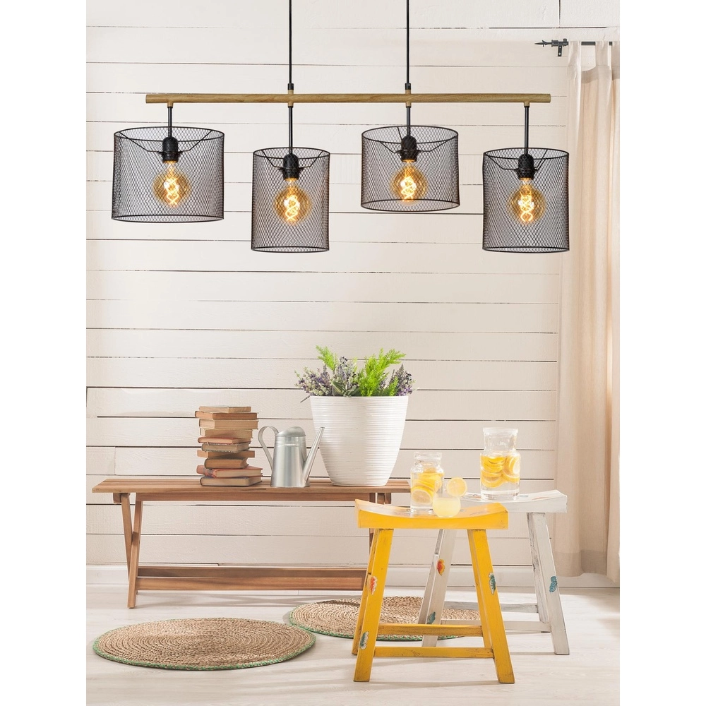 4-lichts hanglamp Baskett zwart met hout Lucide 5411212450531