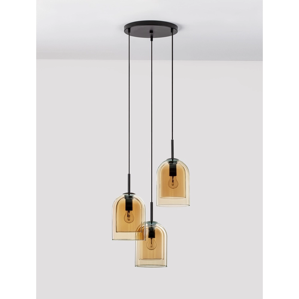 Hanglamp Velor 3-lichts zwart met amber glas rond Lyora 5212017431219