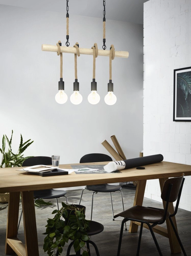 Landelijke hanglamp Youngstown 4-lichts zwart met hout Eglo 9002759433185