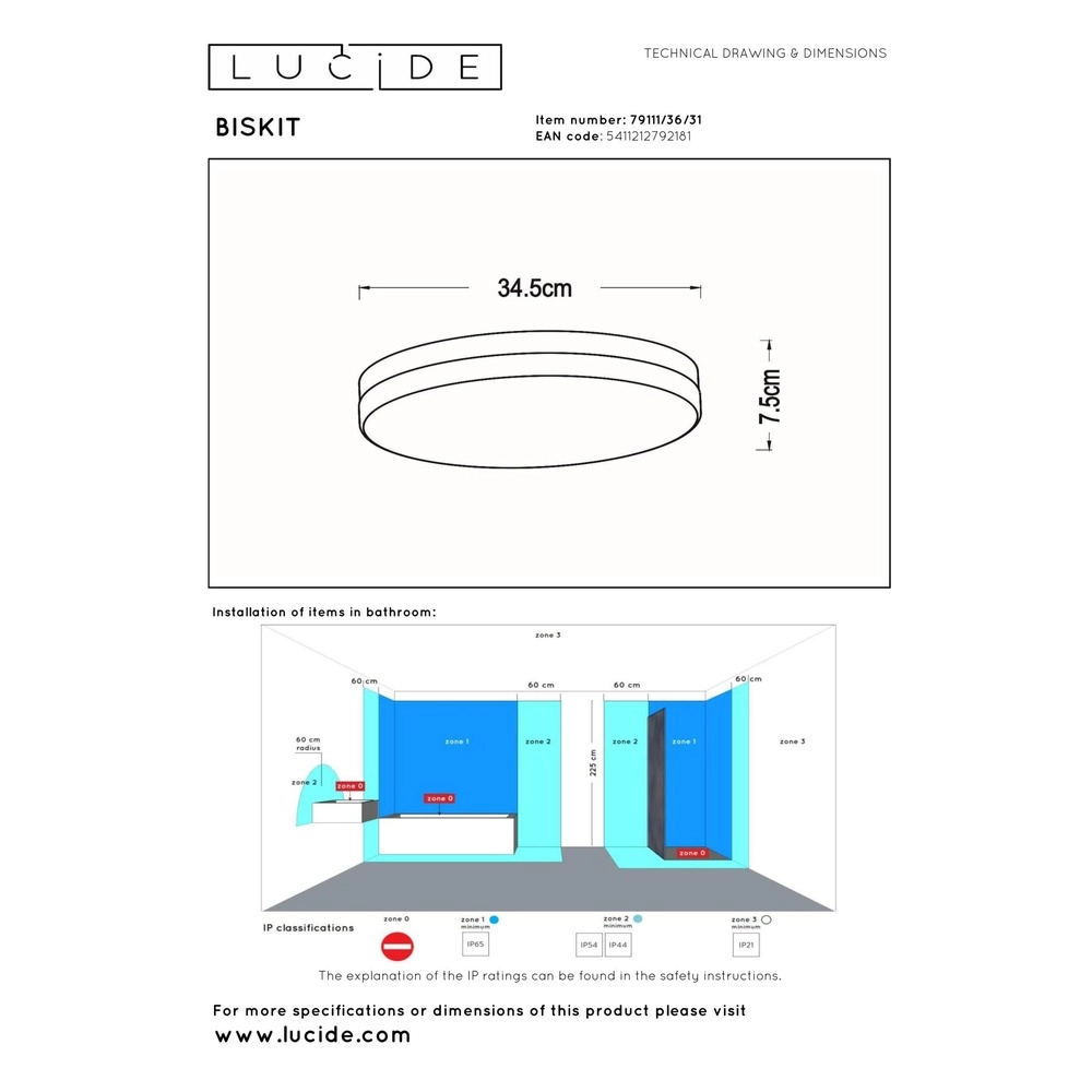 Plafonniere Biskit Ø 34,5cm - IP44 wit Lucide 5411212792181