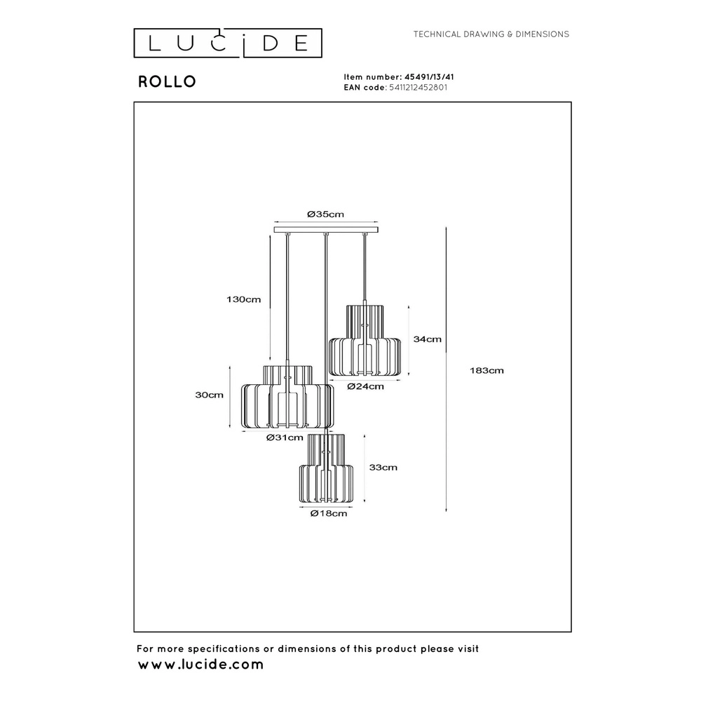 Design hanglamp Rollo 3-lichts zand bruin Lucide 5411212452801