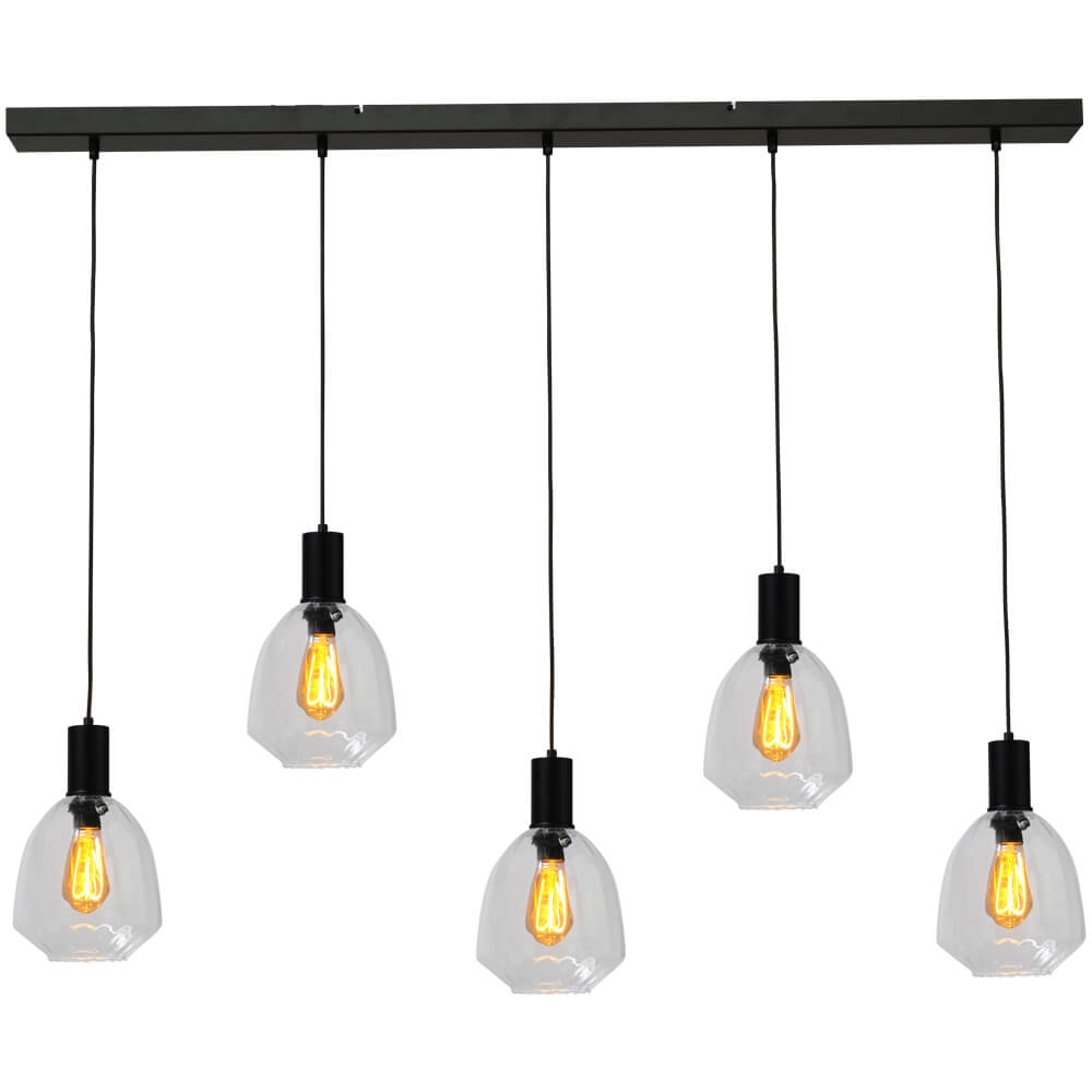 5-lichts hanglamp - zwart - Porto met Nicolette clear glazen 5-lichts hanglamp - zwart - Porto met Nicolette clear glazen