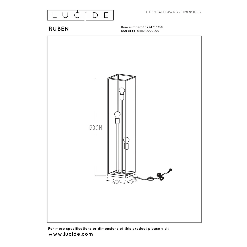 Vloerlamp Ruben zwart Lucide 5411212000200
