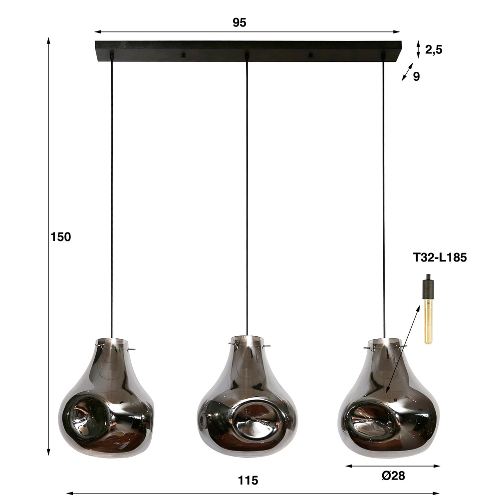 Smoke glazen hanglamp Dent 3-lichts Lyora 8716803511620