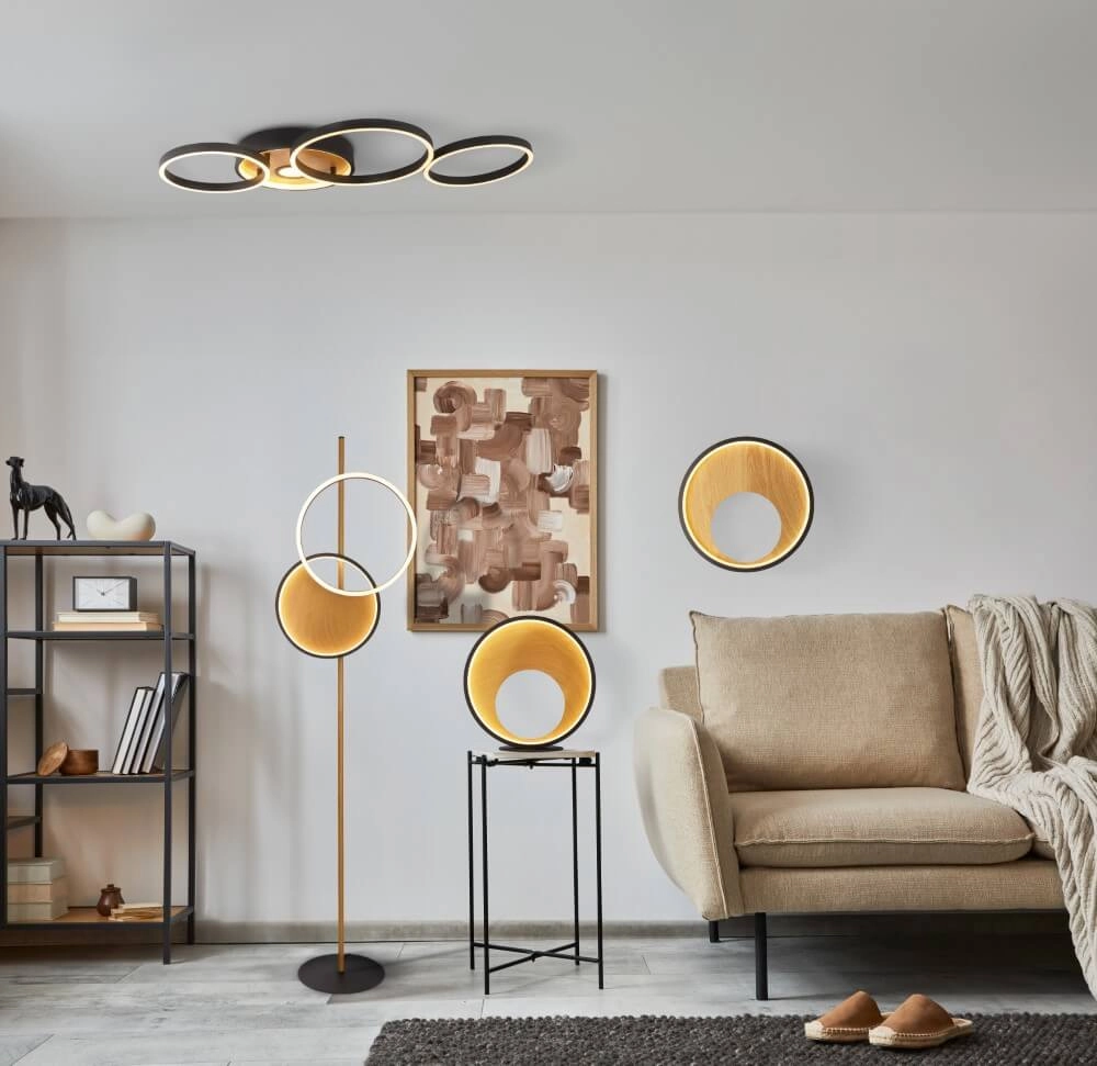 Design plafondlamp Crosby zwart met hout Searchlight 5053423245218