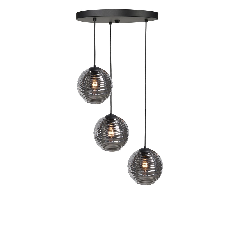 3-lichts hanglamp Fantasy zwart met ribbel glas