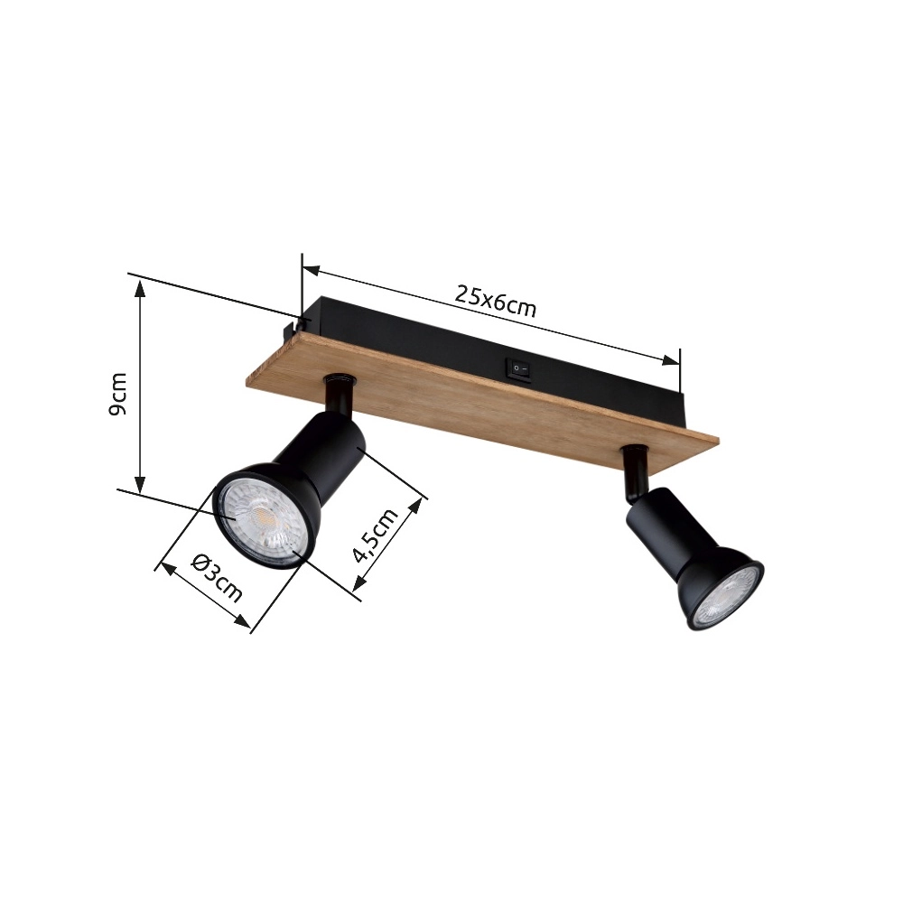 Plafondspot Drew zwart met hout 2-lichts Globo 9007371430789