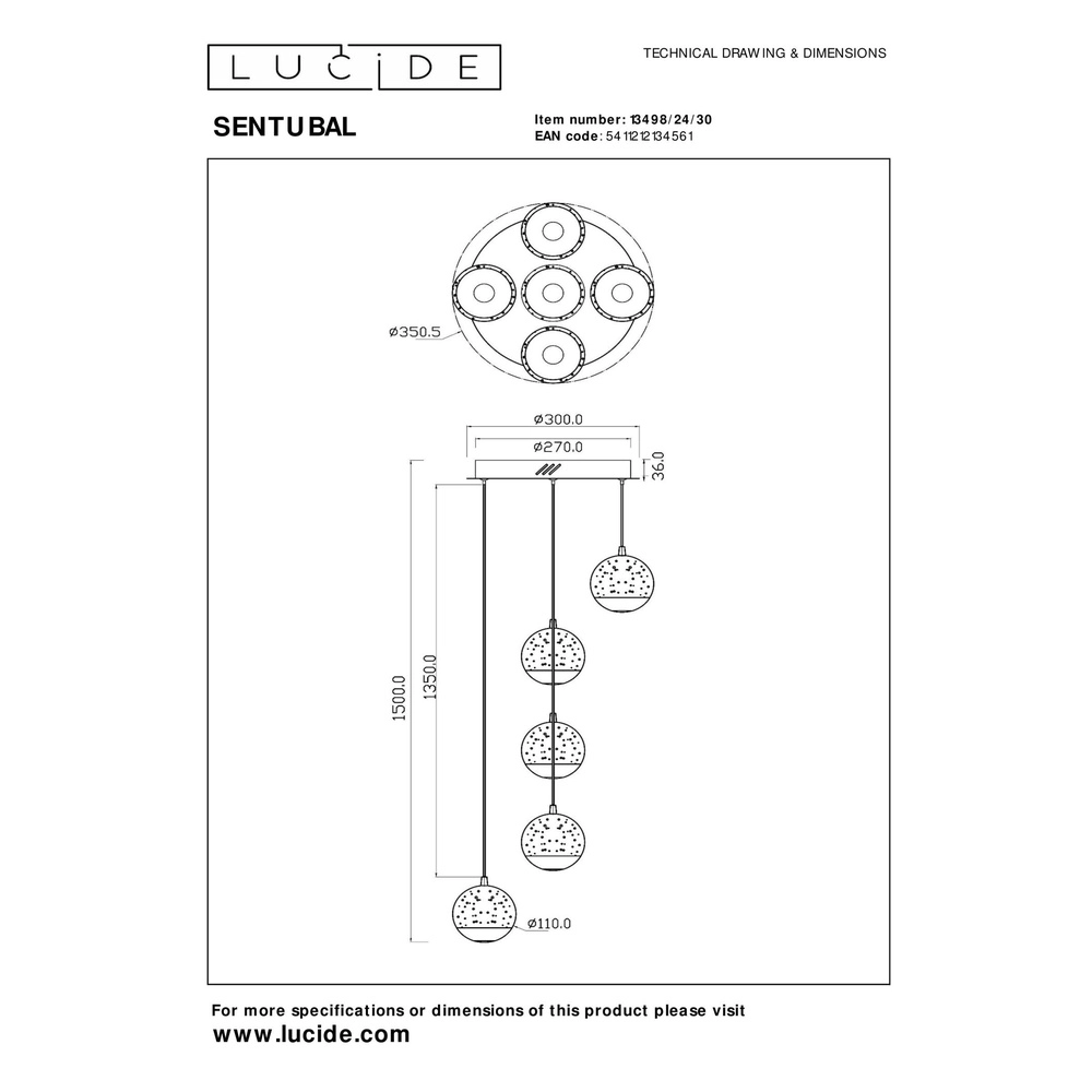 Design hanglamp Sentubal 5-lichts zwart rond Lucide 5411212134561