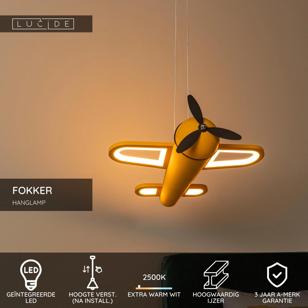 Kinderkamer hanglamp Fokker vliegtuig geel Lucide 5411212771483