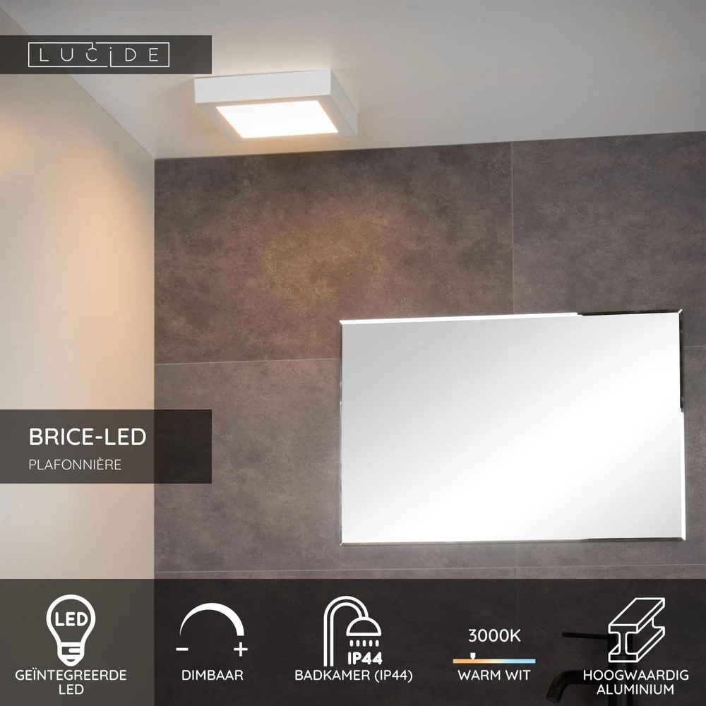 Plafonniere Brice-Led 22cm vierkant IP44 wit Lucide 5411212281340