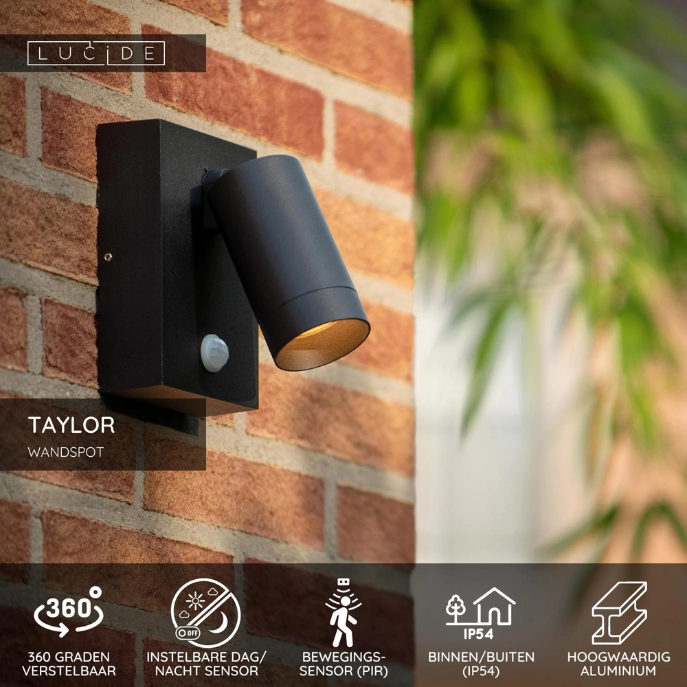 Wandspot Taylor IP54 met sensor zwart Lucide 5411212092694