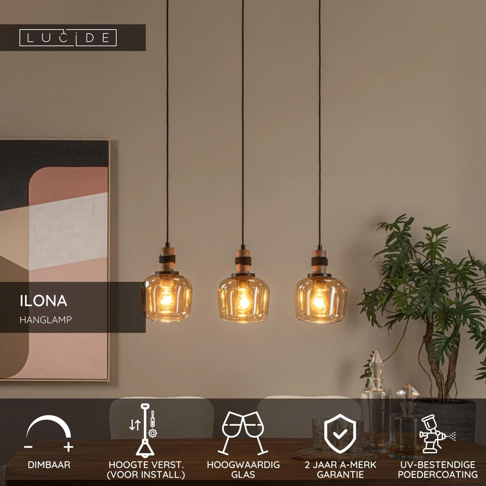 3-lichts hanglamp Ilona zwart met amber glas Lucide 5411212452689