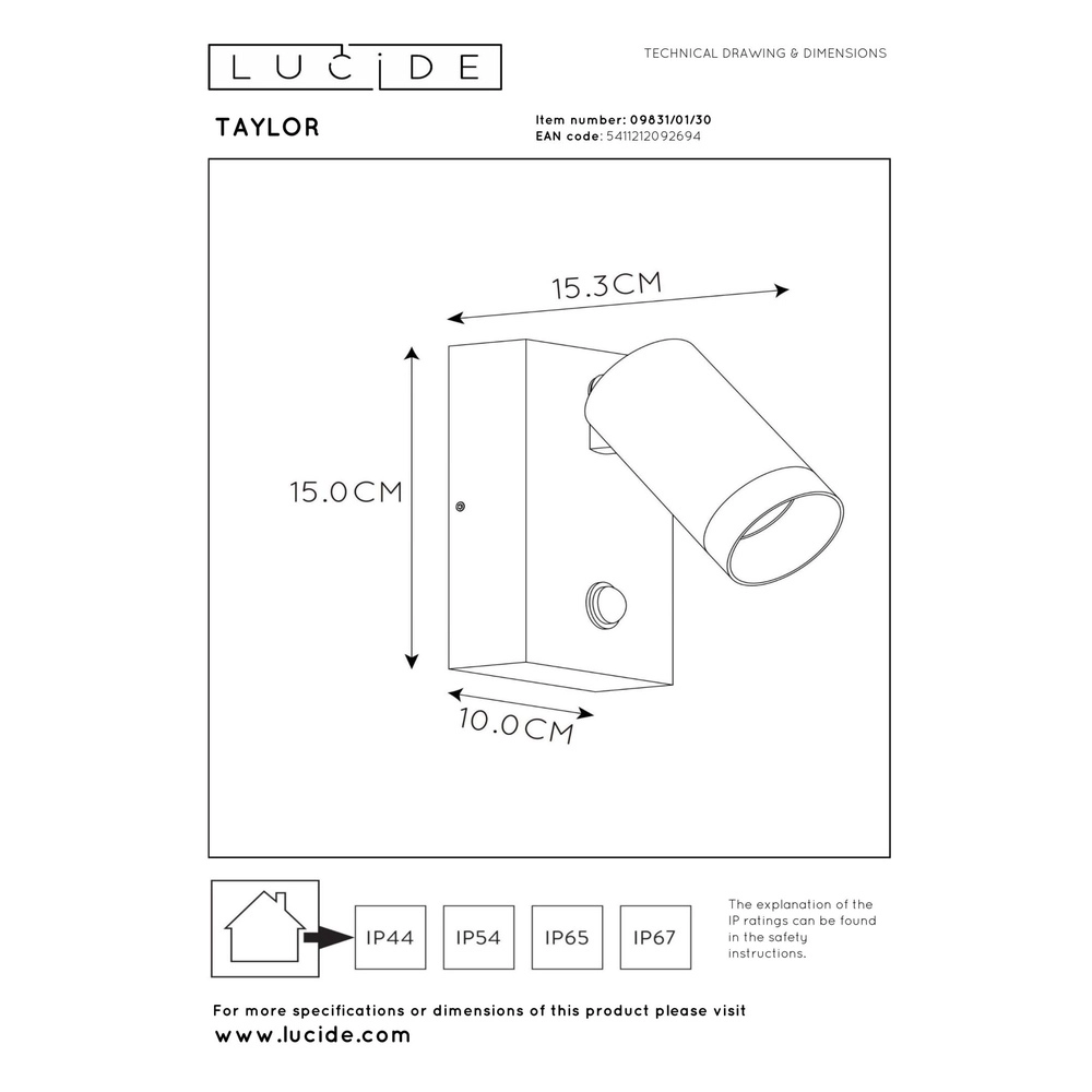 Wandspot Taylor IP54 met sensor zwart Lucide 5411212092694