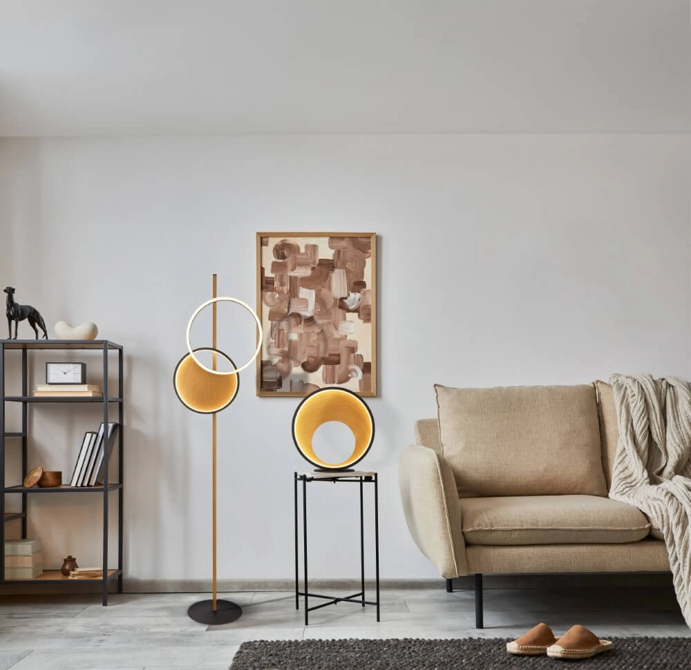 Design vloerlamp Curio zwart met hout Searchlight 5053423245232