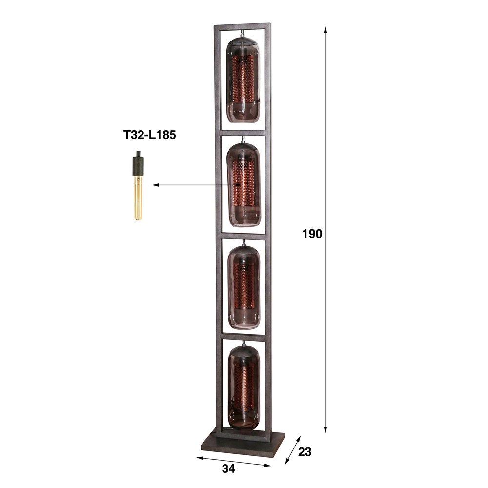Glazen vloerlamp Smoke 4x E27 - 190cm - zwart met roodkoper Lyora 8716803512160