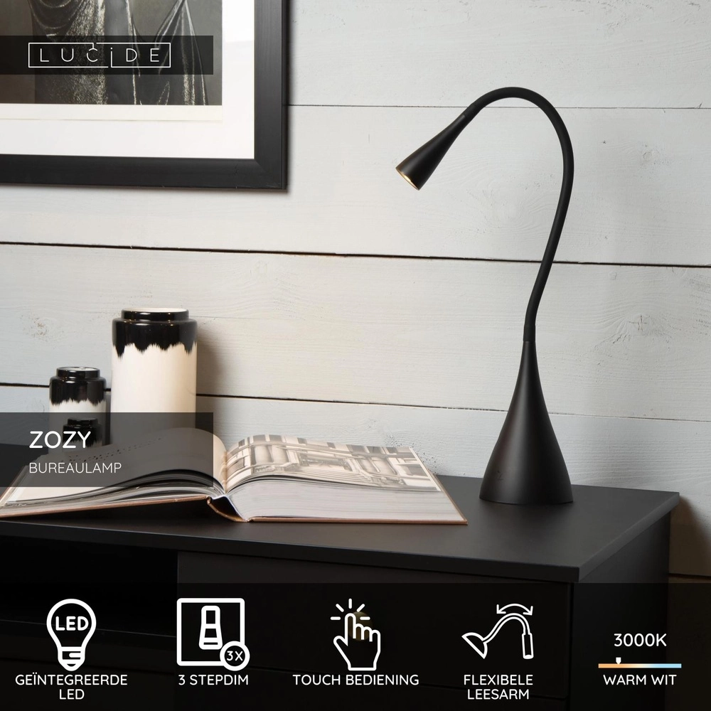 Bureaulamp Zozy 3 staps dimbaar zwart Lucide 5411212185822