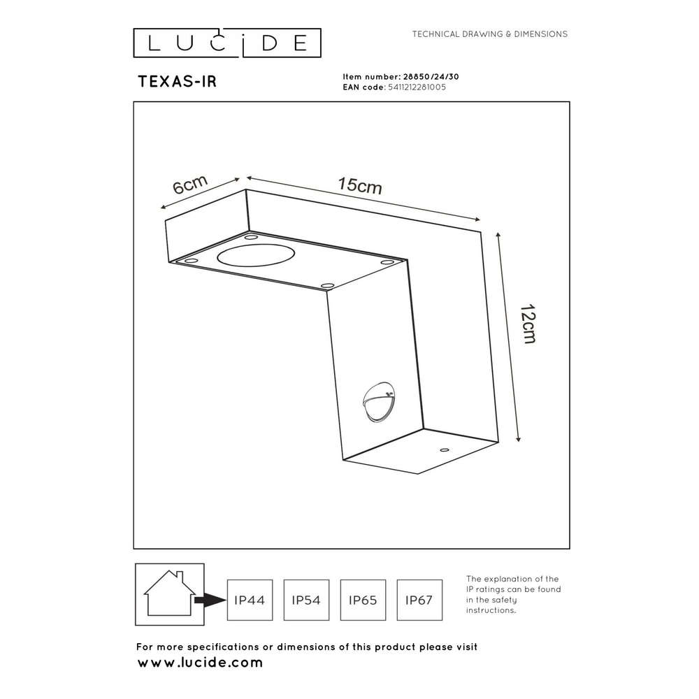 Wandlamp Texas-Ir antraciet met sensor Lucide 5411212281005
