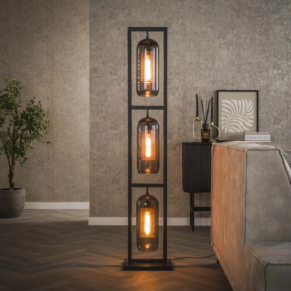 Glazen vloerlamp Smoke 3x E27 - 158cm - zwart met roodkoper