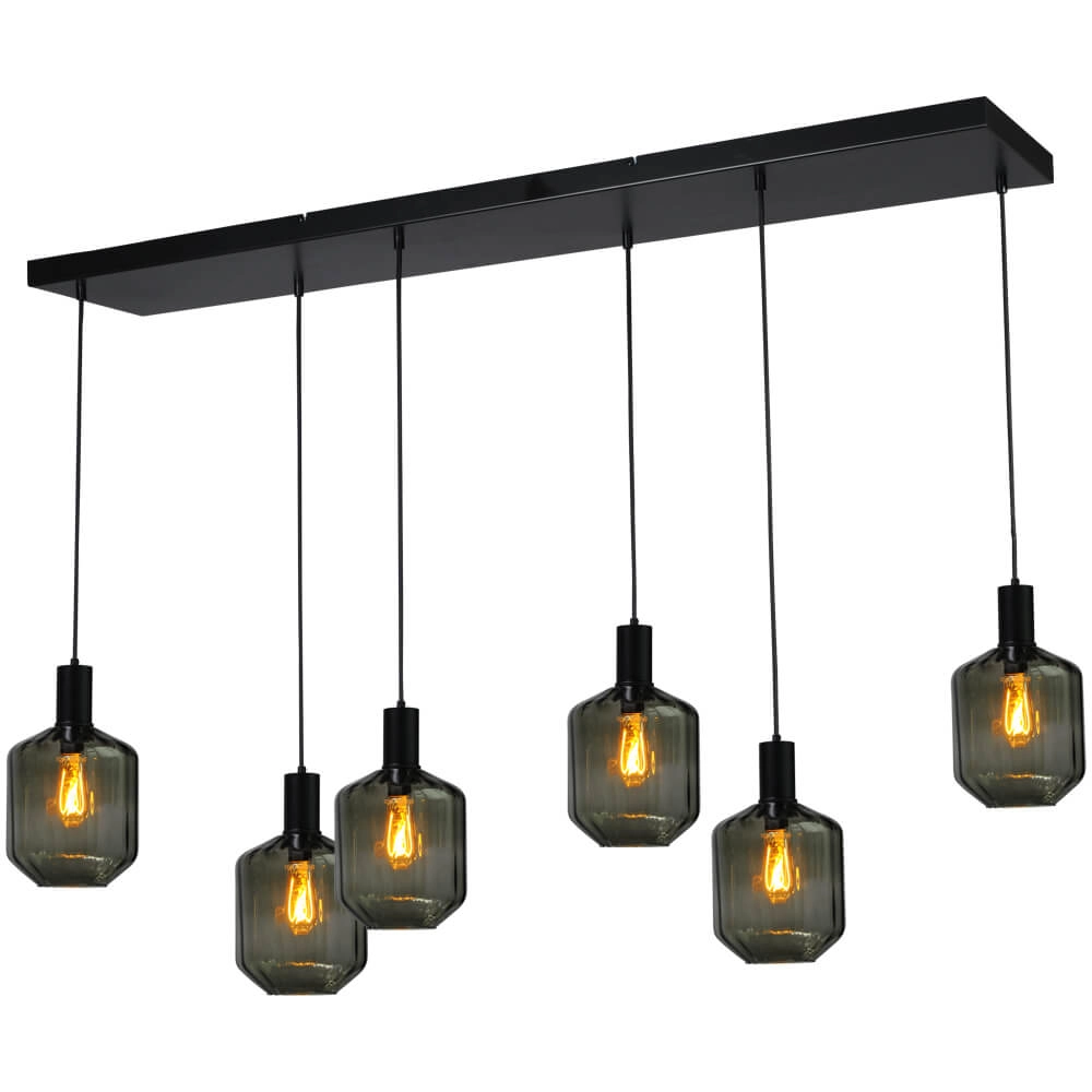 6-lichts hanglamp - zwart - Porto met Jagger green glazen