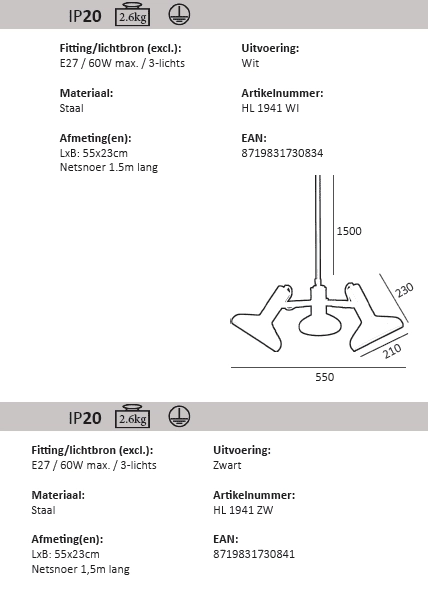 3-lichts hanglamp Vectro Artdelight 8719831730834