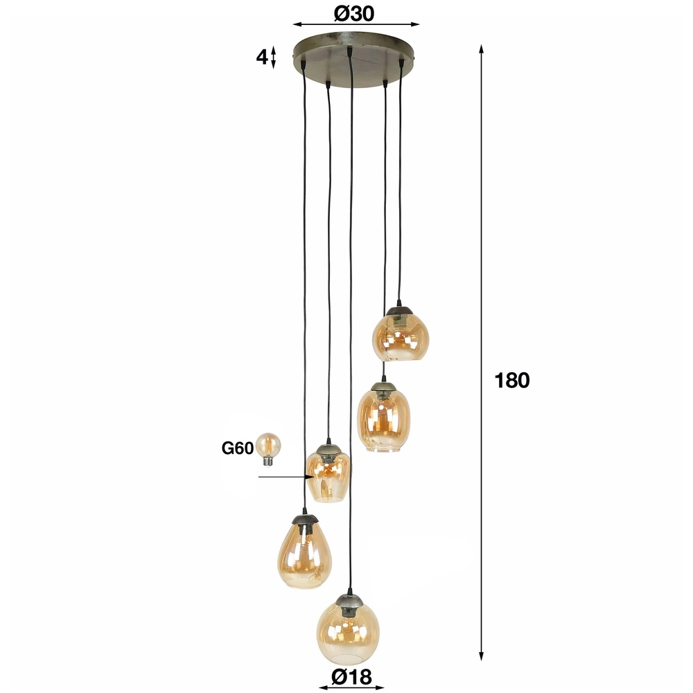 Eettafel hanglamp Mix 5x E27 - Ø 43cm - amber glas Lyora 8716803512283