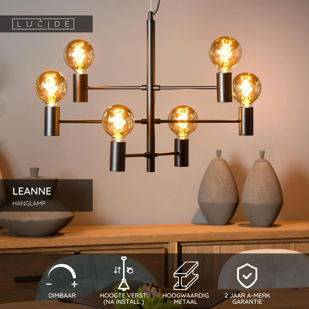 Hanglamp Leanne 6-lichts zwart Lucide 5411212211095