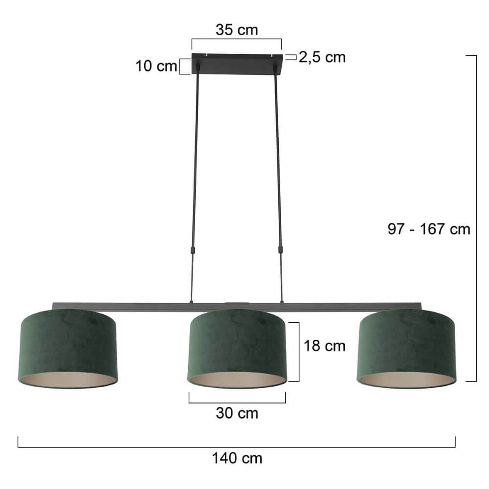Zwarte hanglamp Stang met groene velours kappen Steinhauer 8712746165791