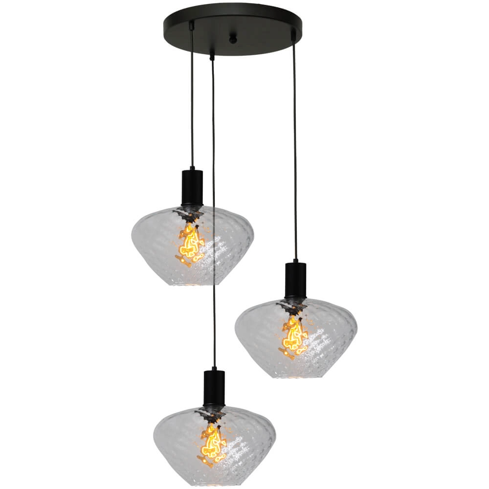 3-lichts vide hanglamp - zwart - Porto met Blossom clear glazen