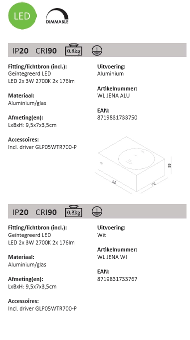 Led muurspot Jena 2x3w - 2700K wit Artdelight 8719831733767