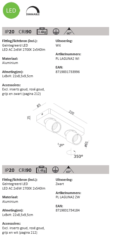 Dubbele ledspot Laguna 2-lichts zwart Artdelight 8719831734184