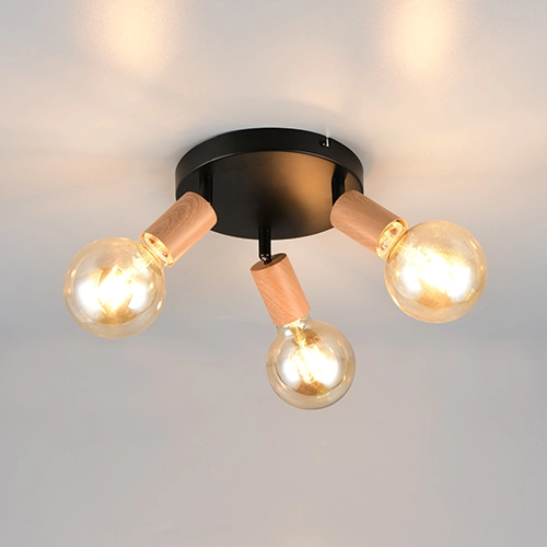 Plafondlamp Lamego 3-lichts zwart met hout