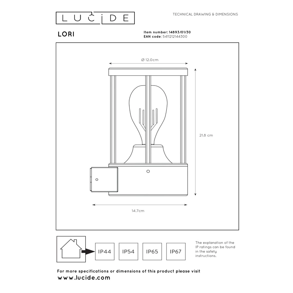 Wandlamp antraciet Lori met sensor Lucide 5411212144300